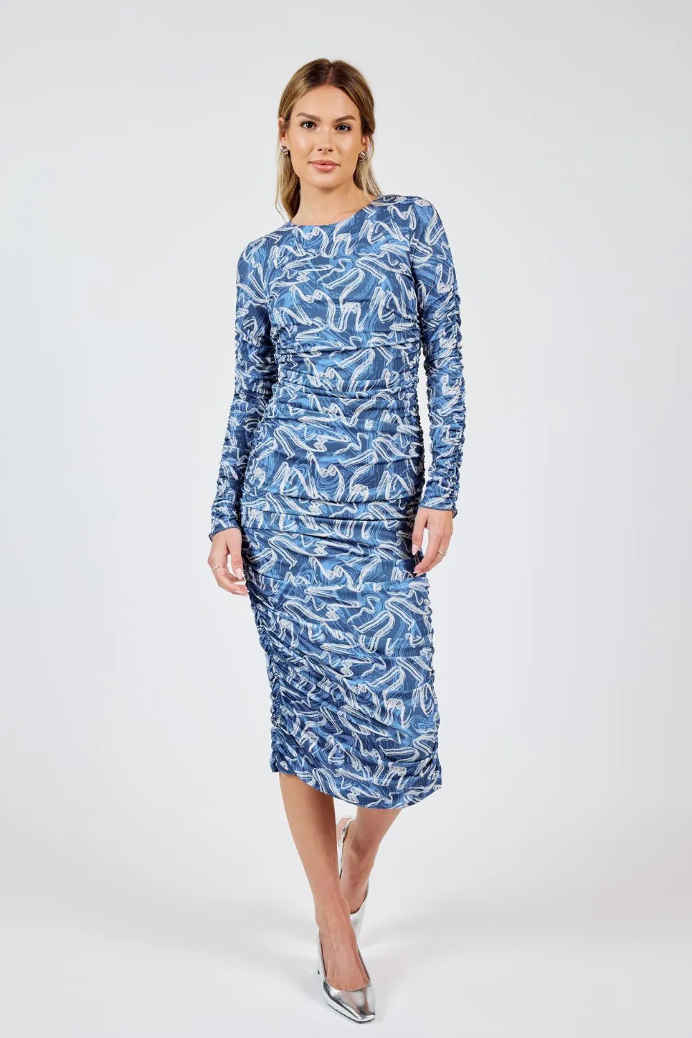 Women's Art Deco Stretch Midi Dress | Blue