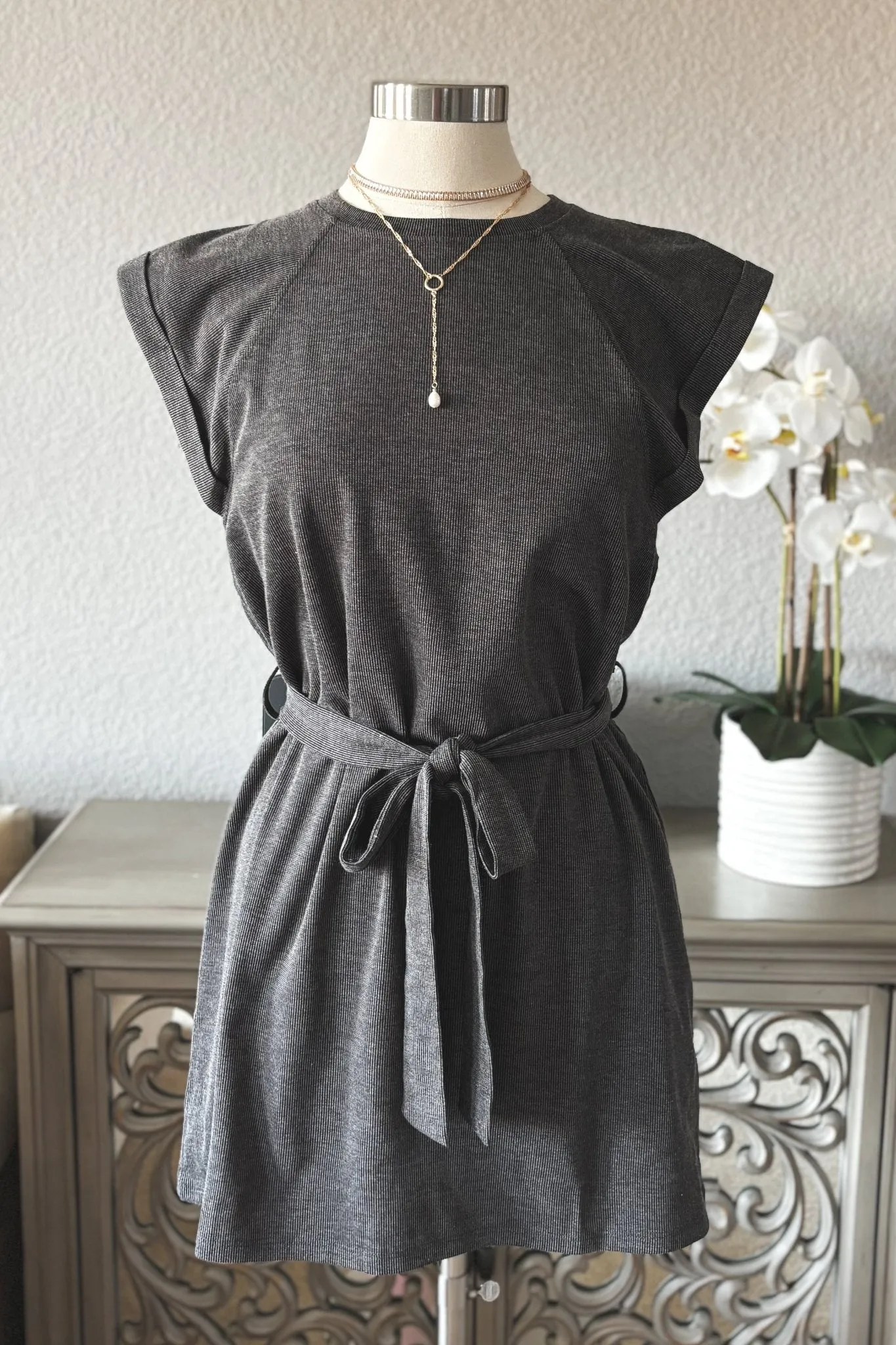 Women's Athleisure Belted Mini Dress | Travel Outfits | Charcoal Gray