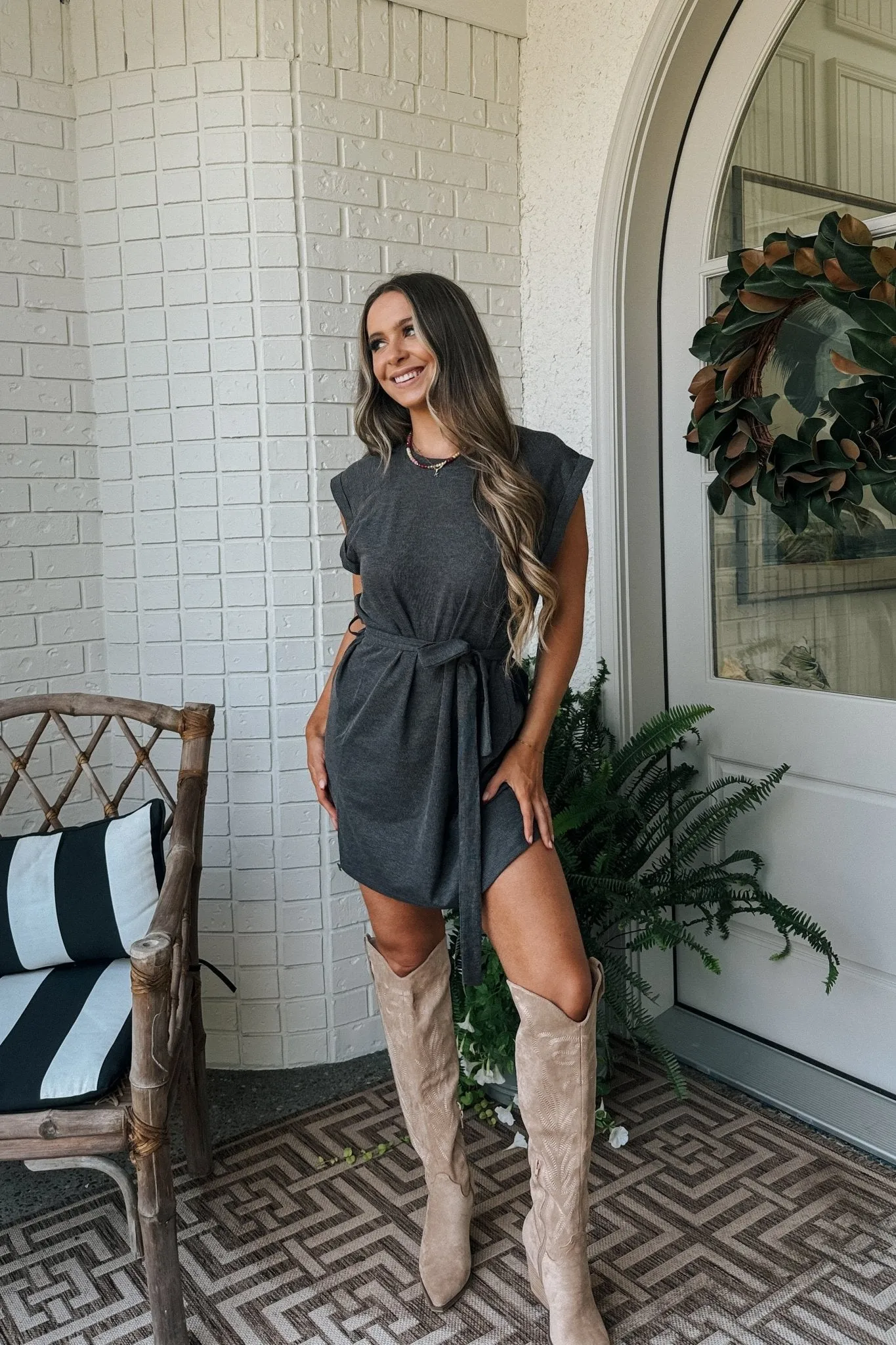 Women's Athleisure Belted Mini Dress | Travel Outfits | Charcoal Gray