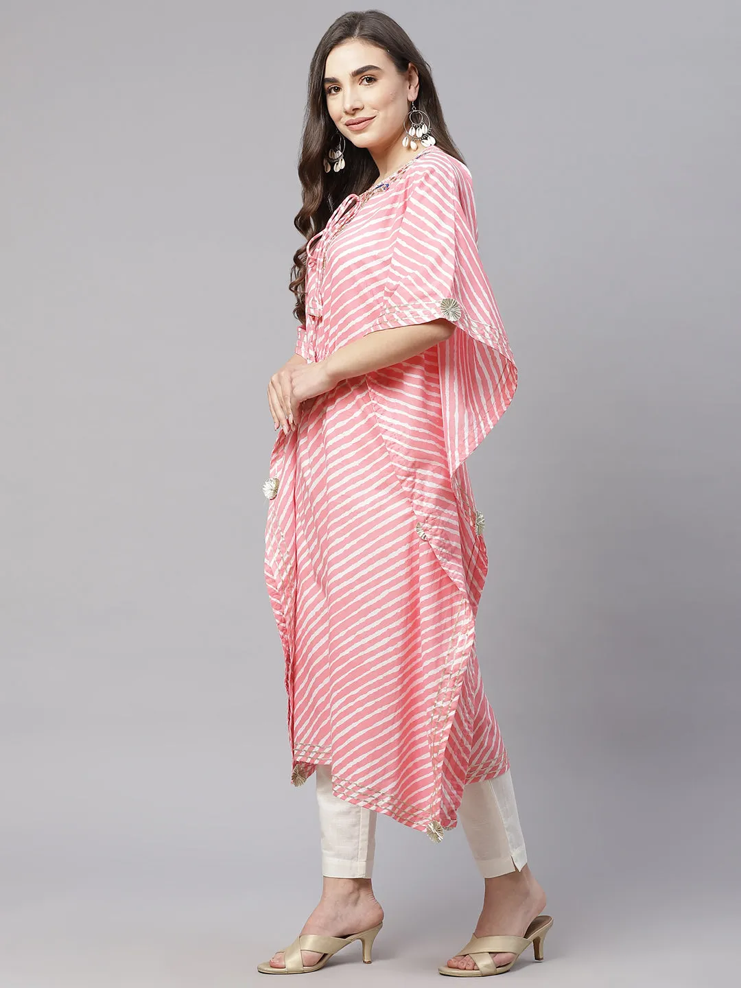 Women'S Baby Pink Cotton Laheriya Kaftan