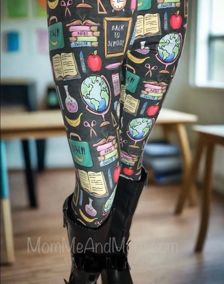 Womens Back To School Theme Teacher Leggings, Soft Yoga Pants, Sizes OS/TC, Yoga Waist, Gray/Multi, Exclusive Leggings