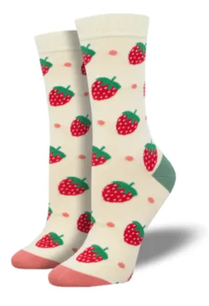 Women's Bamboo Strawberry Delight Crew Sock -Ivory