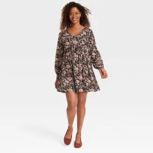 Women's Bishop Sleeve A-Line Dress - Knox Rose Black Floral XS