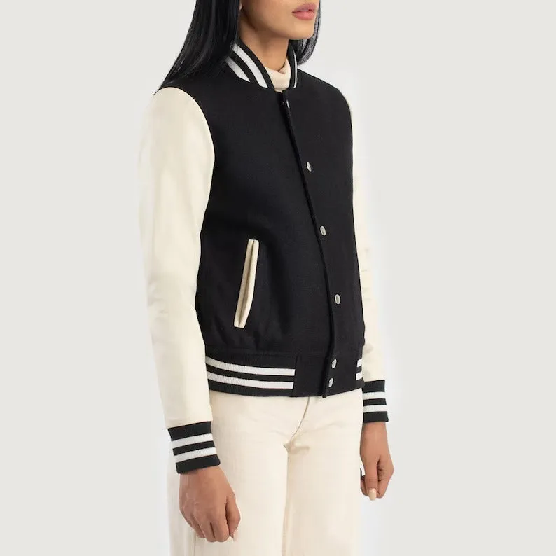 Women's Black & White Leather Hybrid Varsity Biker Jacket