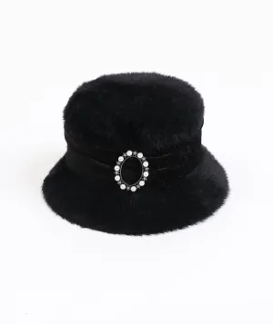 Womens Black Chenille Cloche Hat