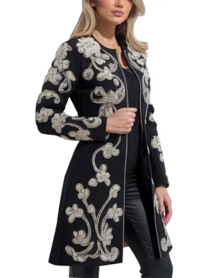 Women's Black Floral Embroidered Long Coat