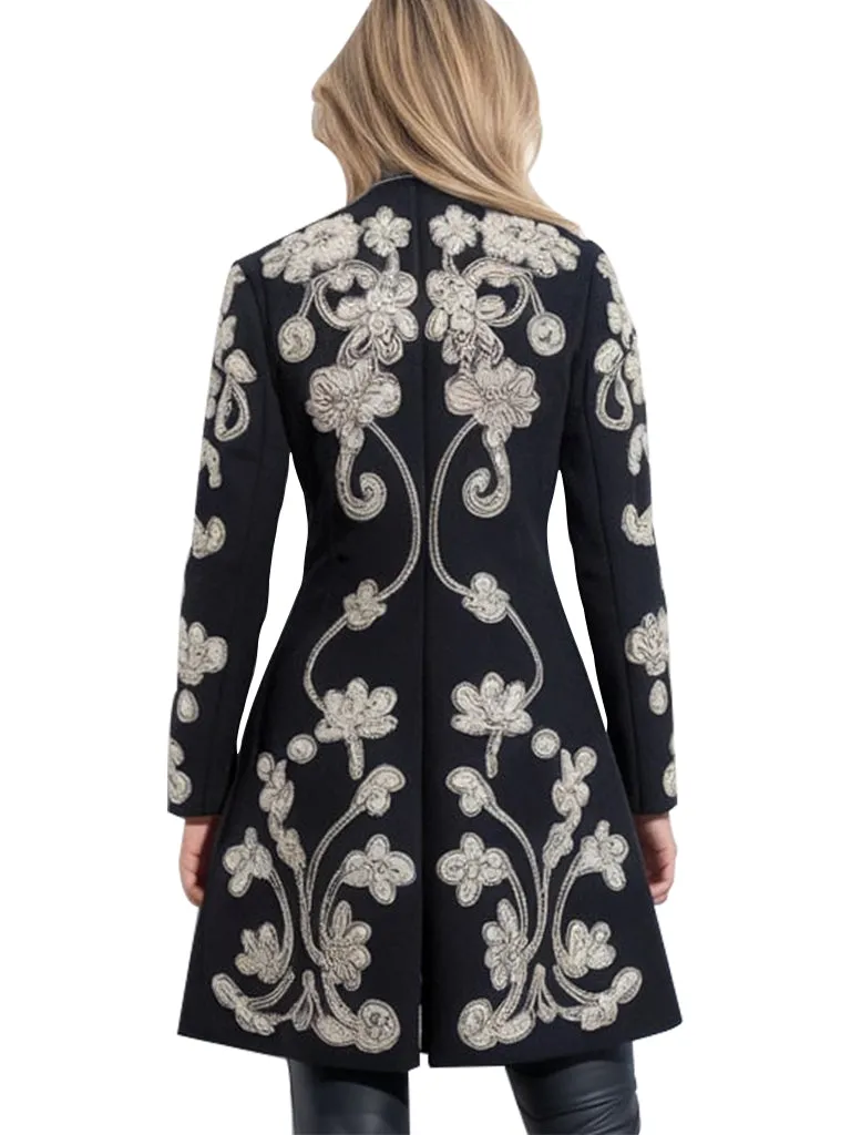 Women's Black Floral Embroidered Long Coat