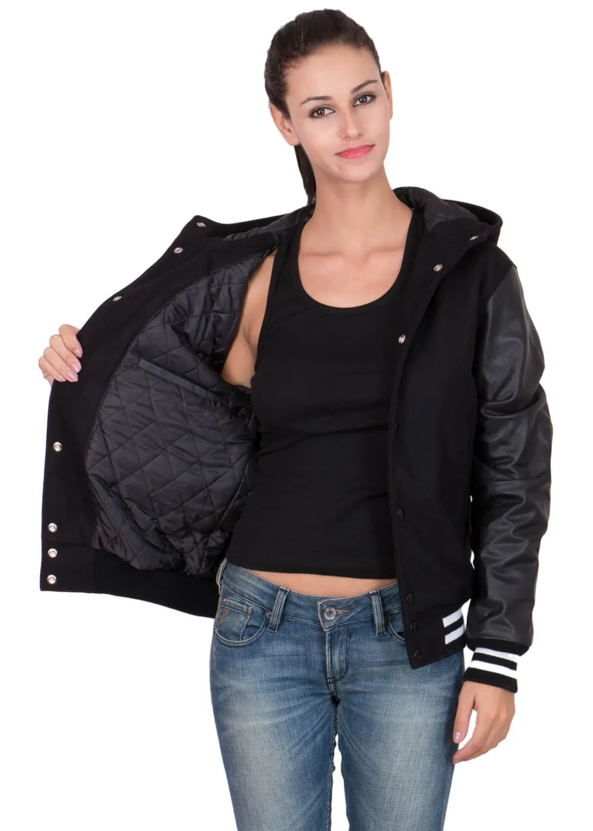 Womens Black Hood Varsity Jacket With Leather Sleeves