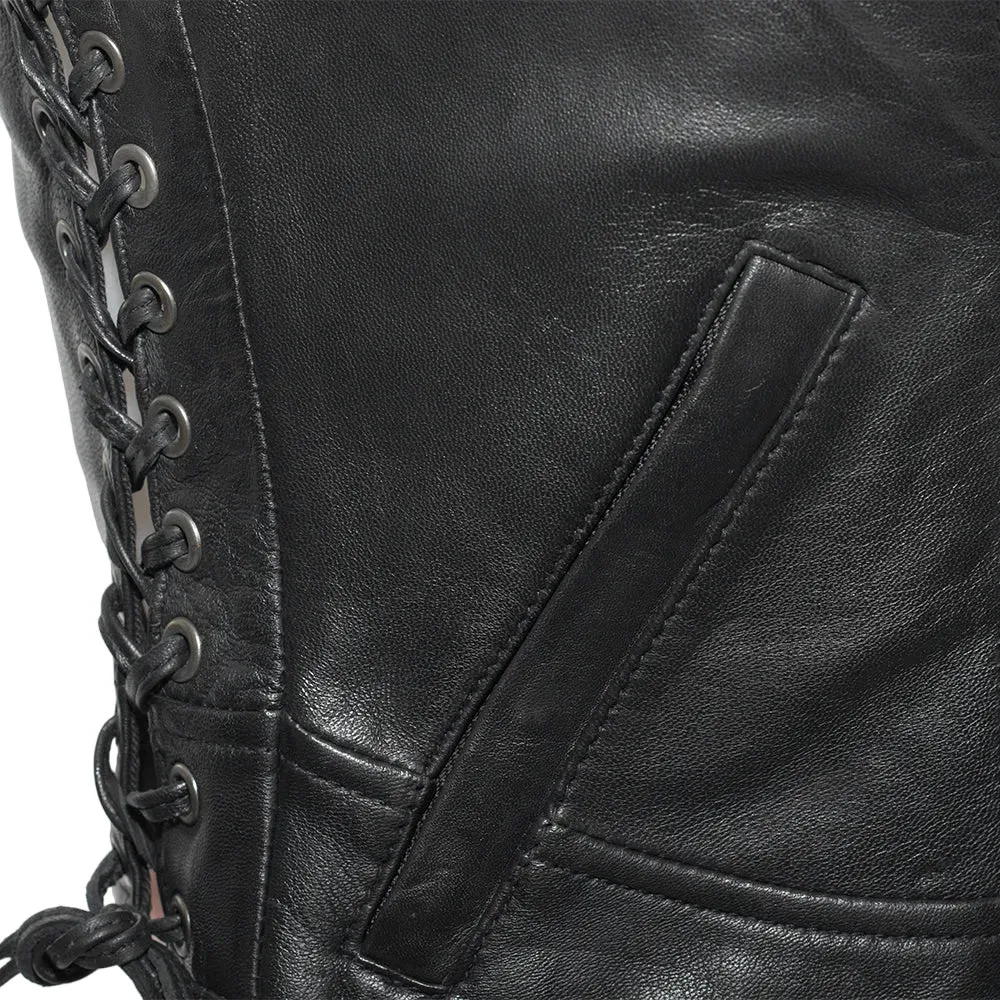 Womens Black Leather Motorcycle Vest Side Laces