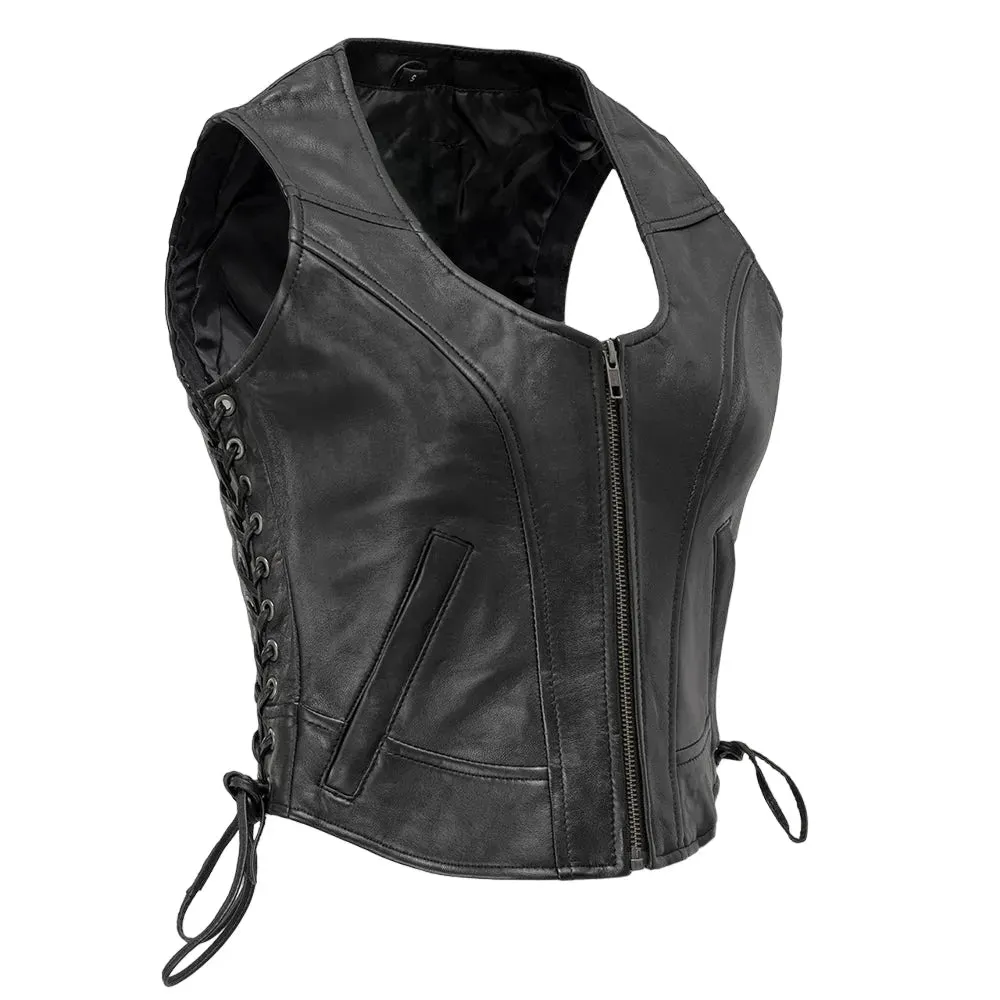 Womens Black Leather Motorcycle Vest Side Laces