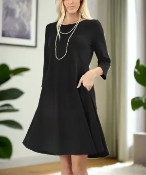 Womens Black Shift Dress, Casual 3/4 Sleeve Pocket Dress, Sizes S/M/L, Solid Black