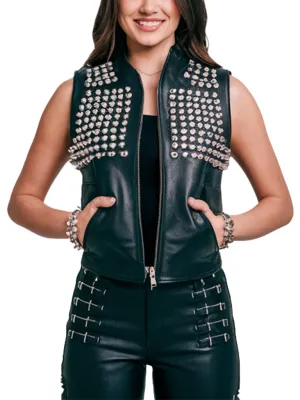 Women's Black Stylish Studded Leather Vest