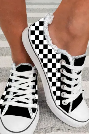 Women's Black White Checkerboard Graphic Lace up Canvas Slip on Shoes