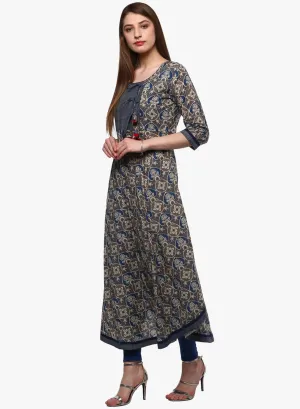 Women'S Blue And Grey Cotton Anarkali Plus Size