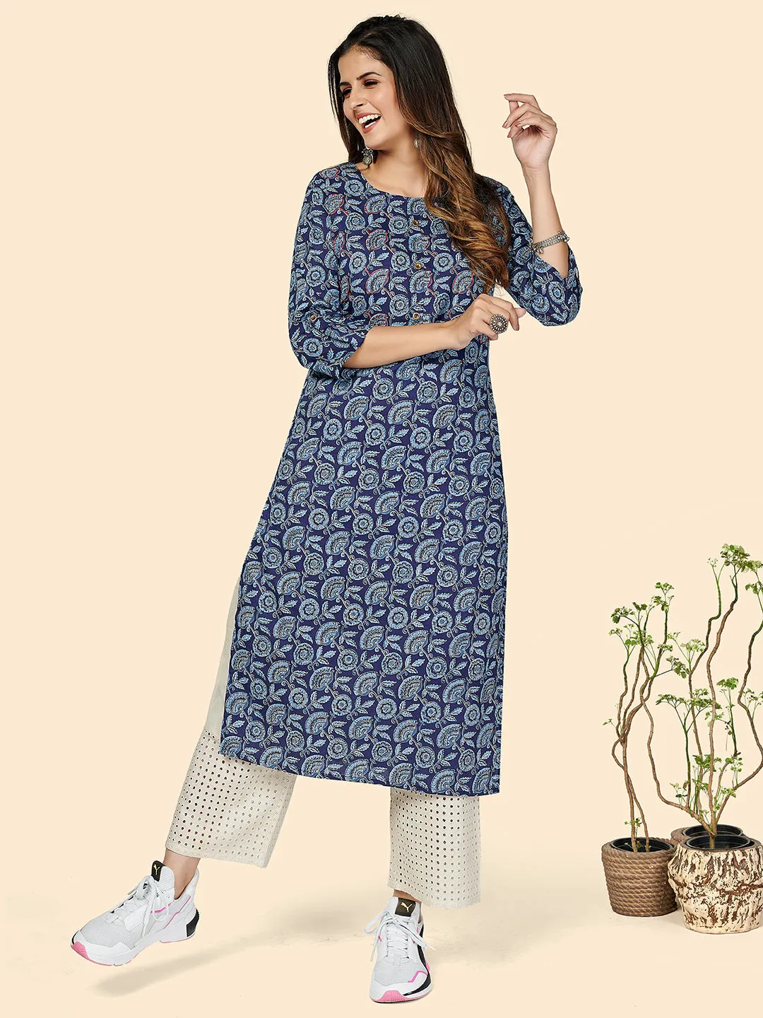 Women'S Blue Cotton Kurta- (1Pc Set)