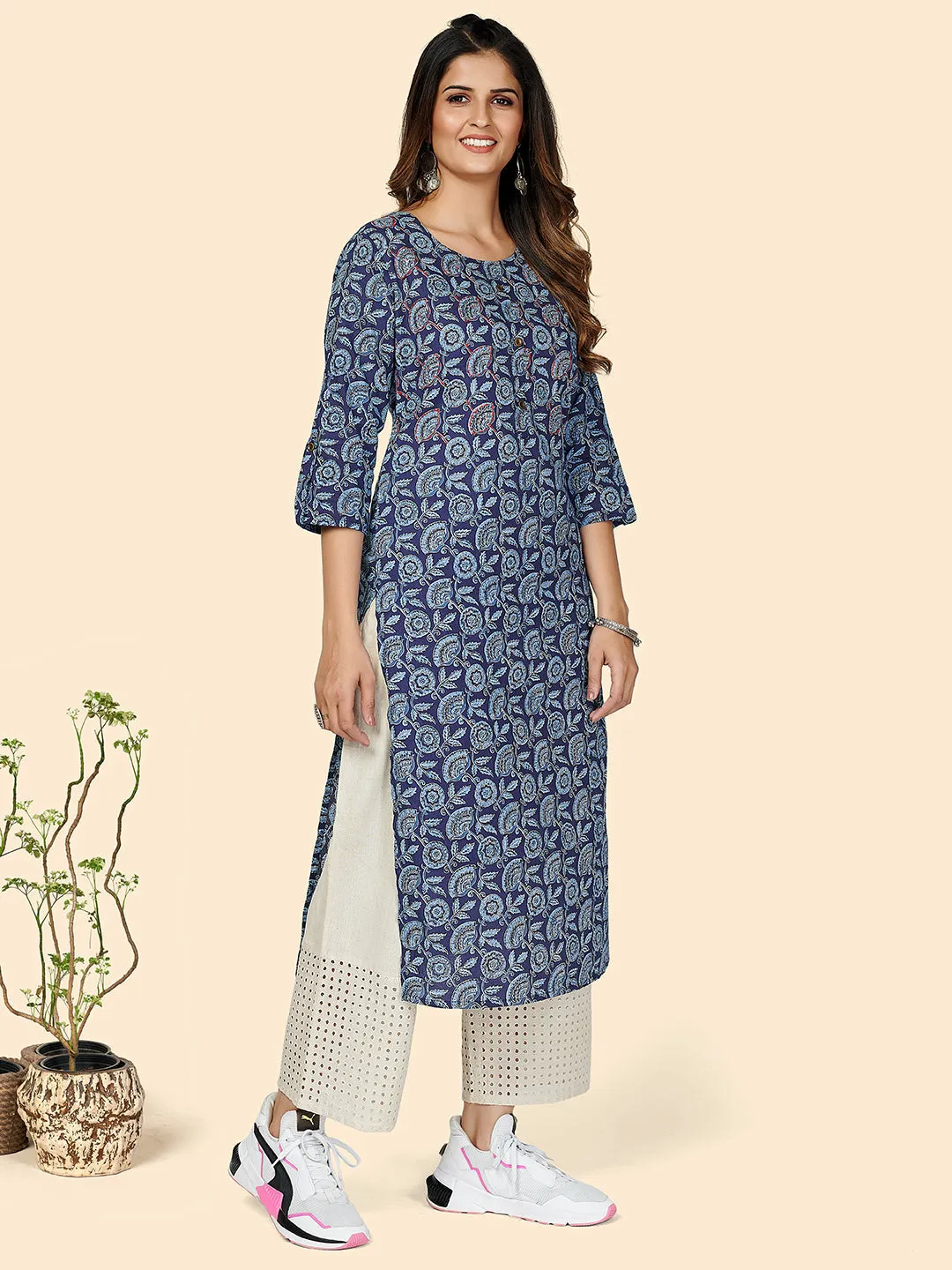 Women'S Blue Cotton Kurta- (1Pc Set)