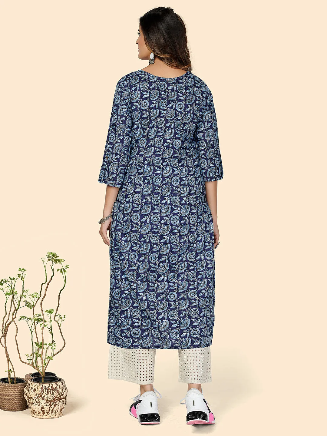 Women'S Blue Cotton Kurta- (1Pc Set)