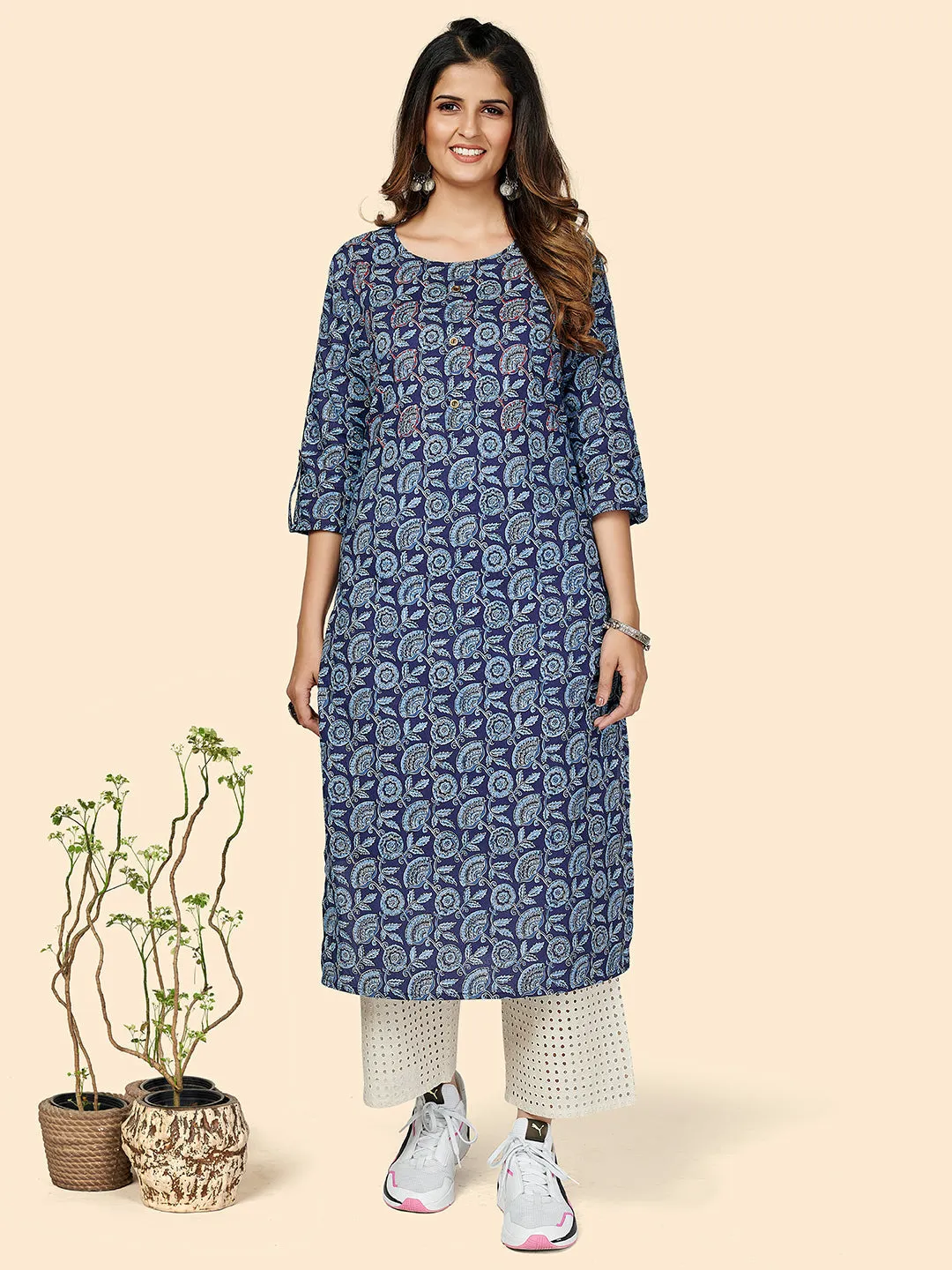 Women'S Blue Cotton Kurta- (1Pc Set)