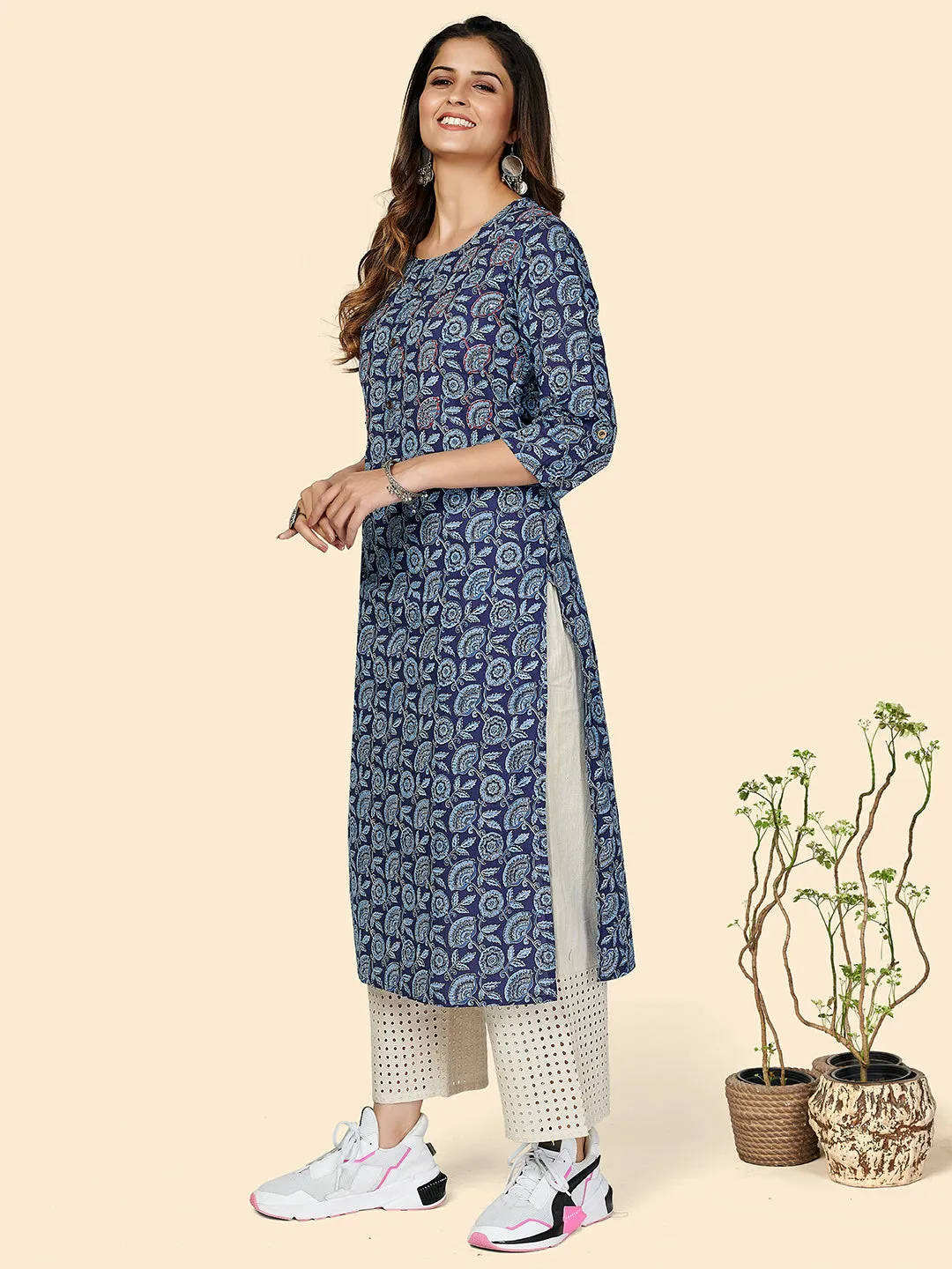 Women'S Blue Cotton Kurta- (1Pc Set)