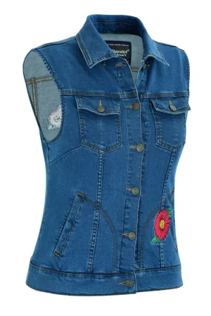 Women's Blue Denim Snap Front Vest with Red Daisy