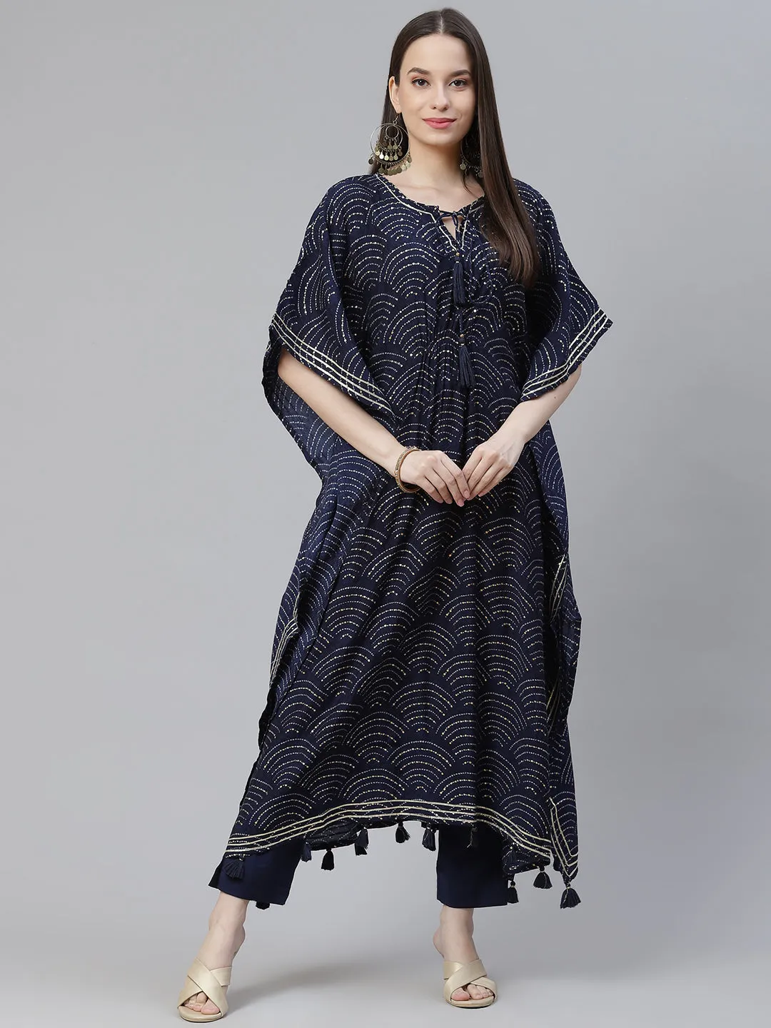 Women'S Blue Rayon Bandhej Kaftan Pant Set