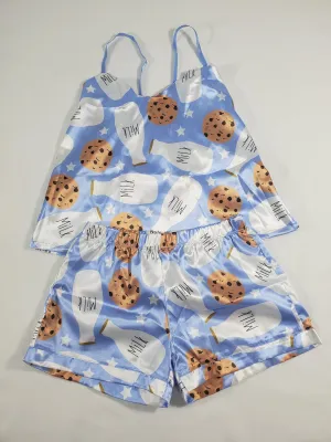 Women's Blue satin pajama set cookies and milk theme shorts and blouse