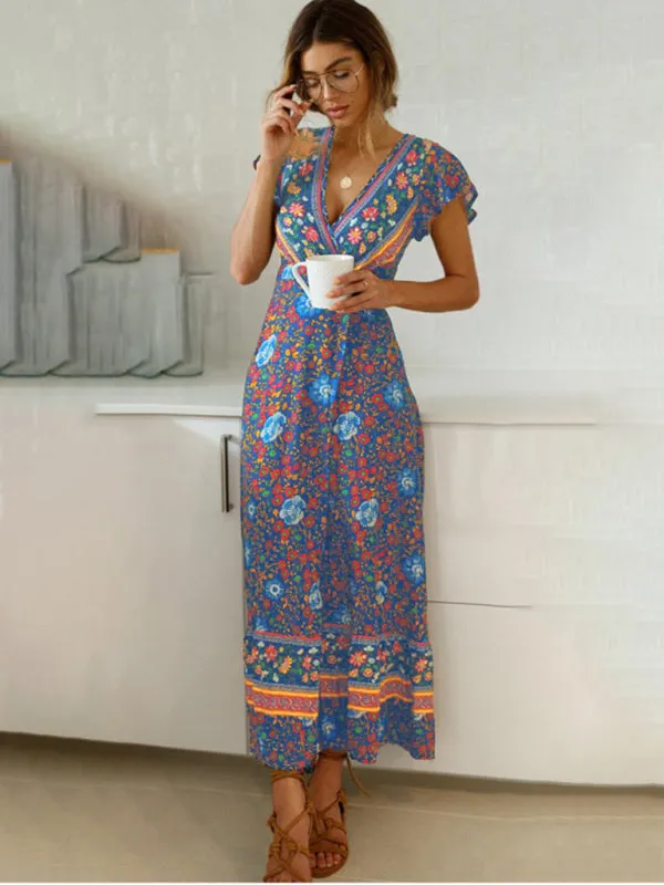 Women's Bohemian Print Wrap Maxi Dress