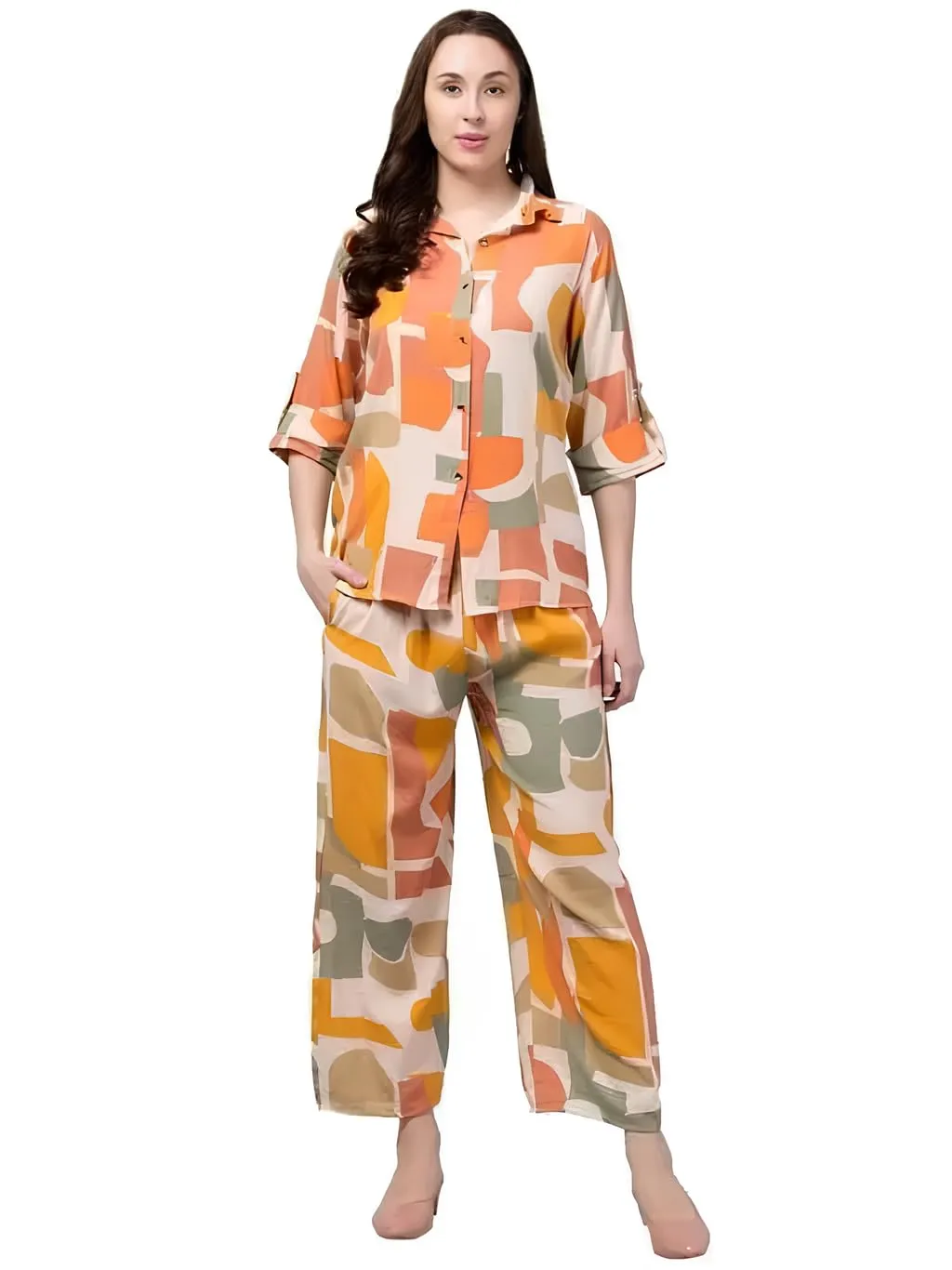 Women's Box Print CO-Ord Set | Relaxed Fit for Women | Two Piece Set Top & Plazo | 3/4 Sleeve Cord Dress for Women |Fashionable Orange