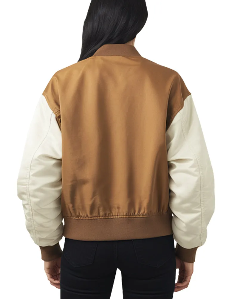 Women's Brown and Cream Contrast Bomber Jacket