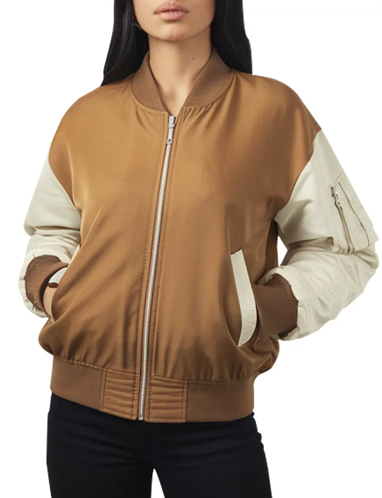 Women's Brown and Cream Contrast Bomber Jacket