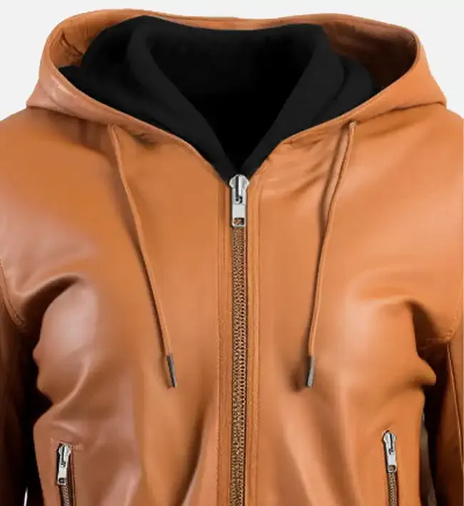 Women's Brown Leather Jacket With Hood