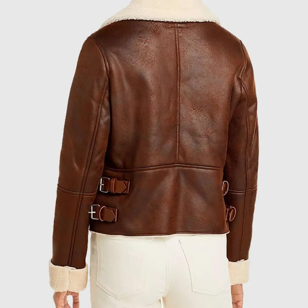 Womens Brown Leather Motorcycle Shearling Jacket