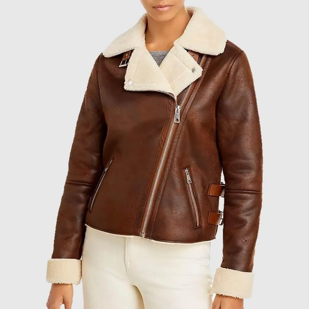 Womens Brown Leather Motorcycle Shearling Jacket