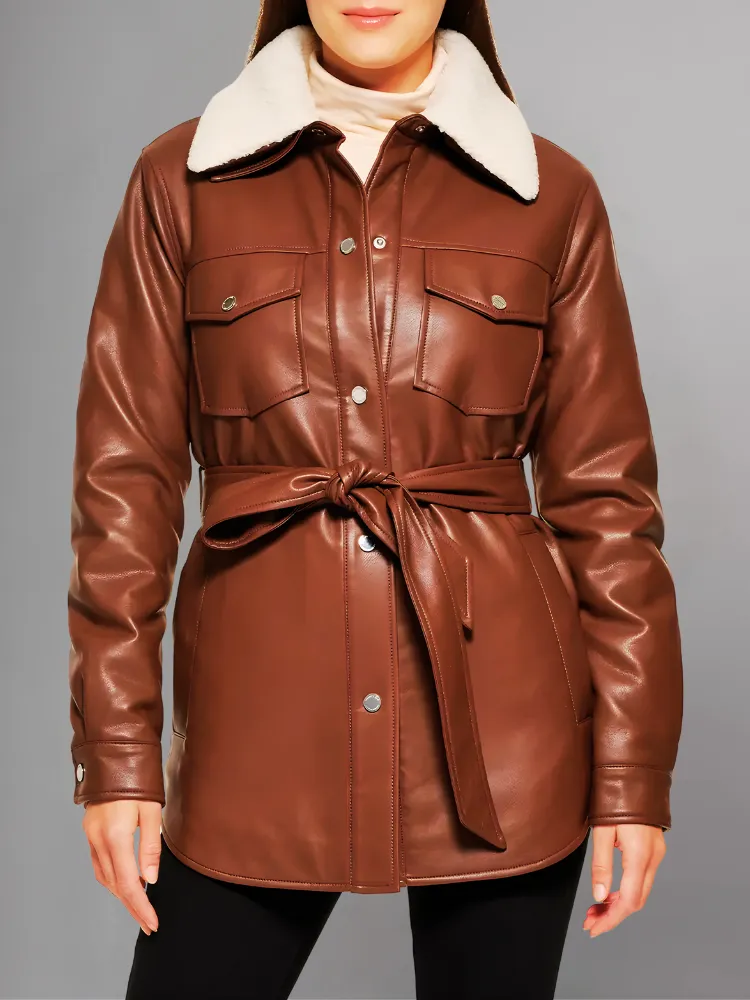 Womens Brown Shearling Collar Leather Jacket