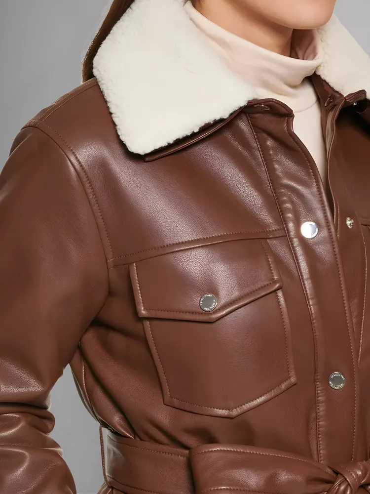 Womens Brown Shearling Collar Leather Jacket