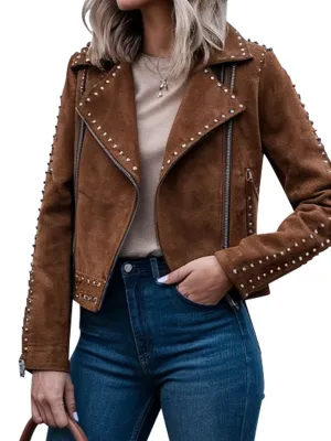 Women's Brown Suede Studded Moto Jacket