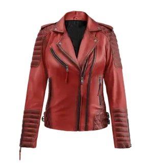 Women's Burnt Red Biker Leather Jacket