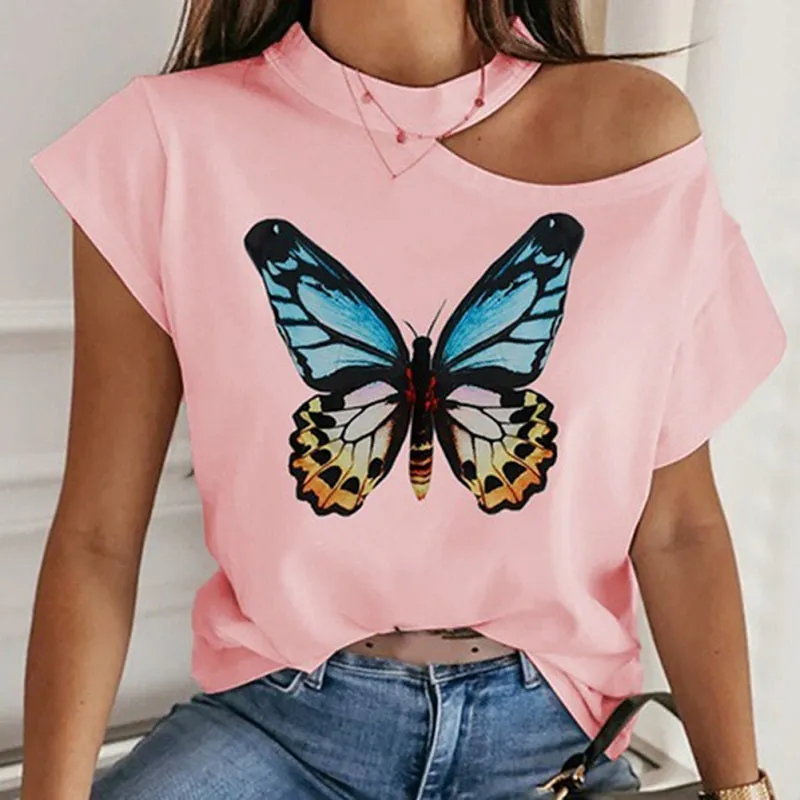 Womens Butterfly Printed Off Shoulder Sexy Casual T-shirt