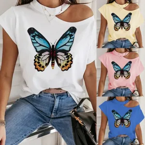 Womens Butterfly Printed Off Shoulder Sexy Casual T-shirt