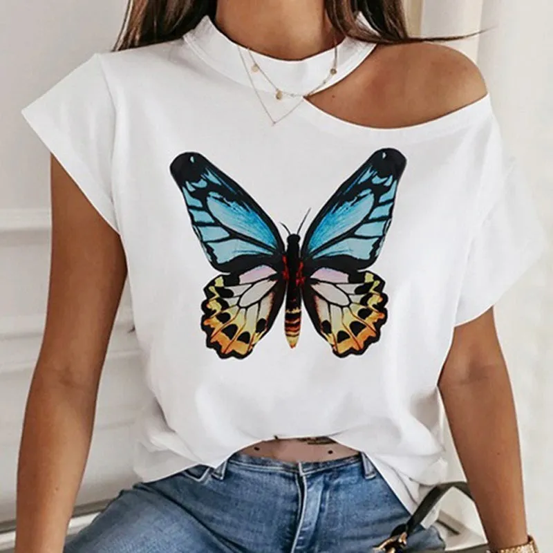 Womens Butterfly Printed Off Shoulder Sexy Casual T-shirt