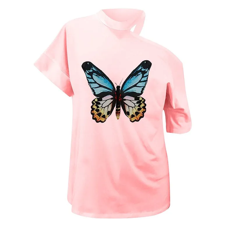 Womens Butterfly Printed Off Shoulder Sexy Casual T-shirt