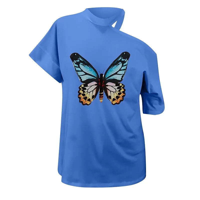 Womens Butterfly Printed Off Shoulder Sexy Casual T-shirt