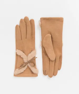 Womens Camel Faux Fur Gloves with Faux Fur Styling