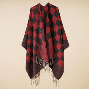 Women's cape, warm in autumn and winter, fashionable plaid tassels, simple