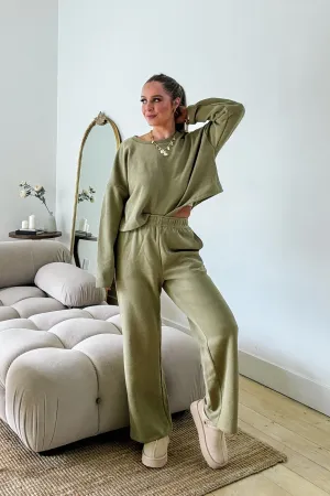 Women's Casual Cozy Crewneck & Pants | Loungewear Set | Olive Green