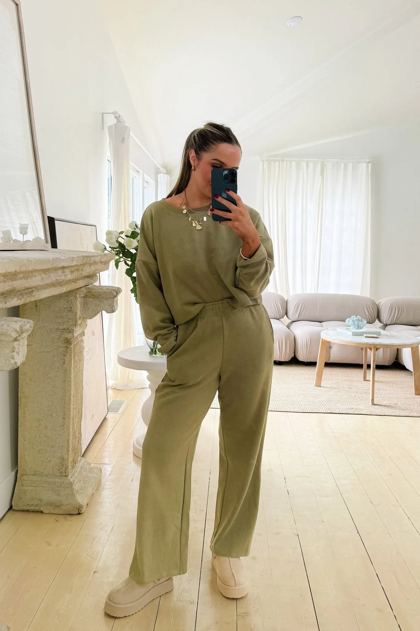 Women's Casual Cozy Crewneck & Pants | Loungewear Set | Olive Green