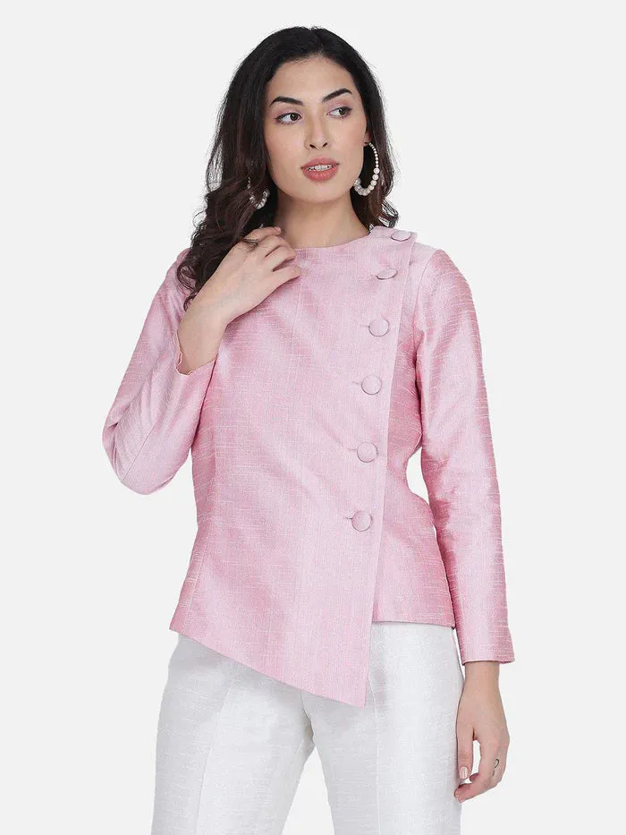 Women's Casual Dupion Pant Suit - White and Pink