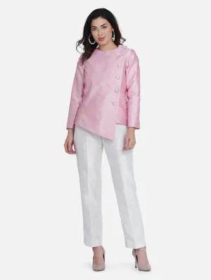 Women's Casual Dupion Pant Suit - White and Pink