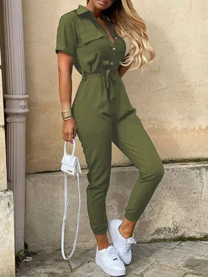 Women's Casual Lapel Cargo Jumpsuit With Button Fastening and Belt