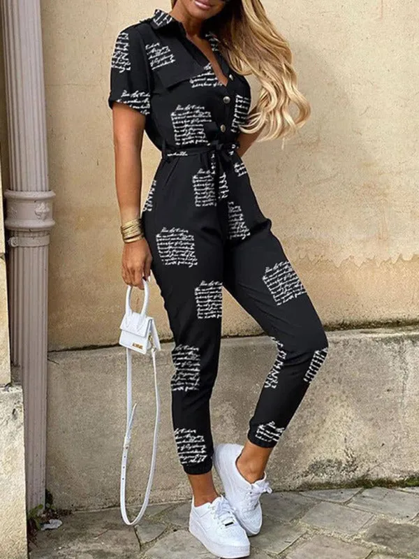 Women's Casual Lapel Cargo Jumpsuit With Button Fastening and Belt